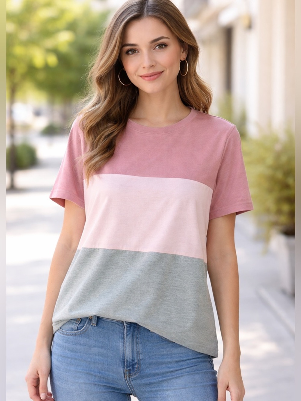 Colorblock Short Sleeve Tee - Pink/Light Pink/Gray Size L